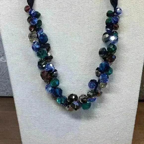 Loft Ribbon Necklace with Glass Faceted Beads Blue Grey Green Smoky - Picture 2 of 3